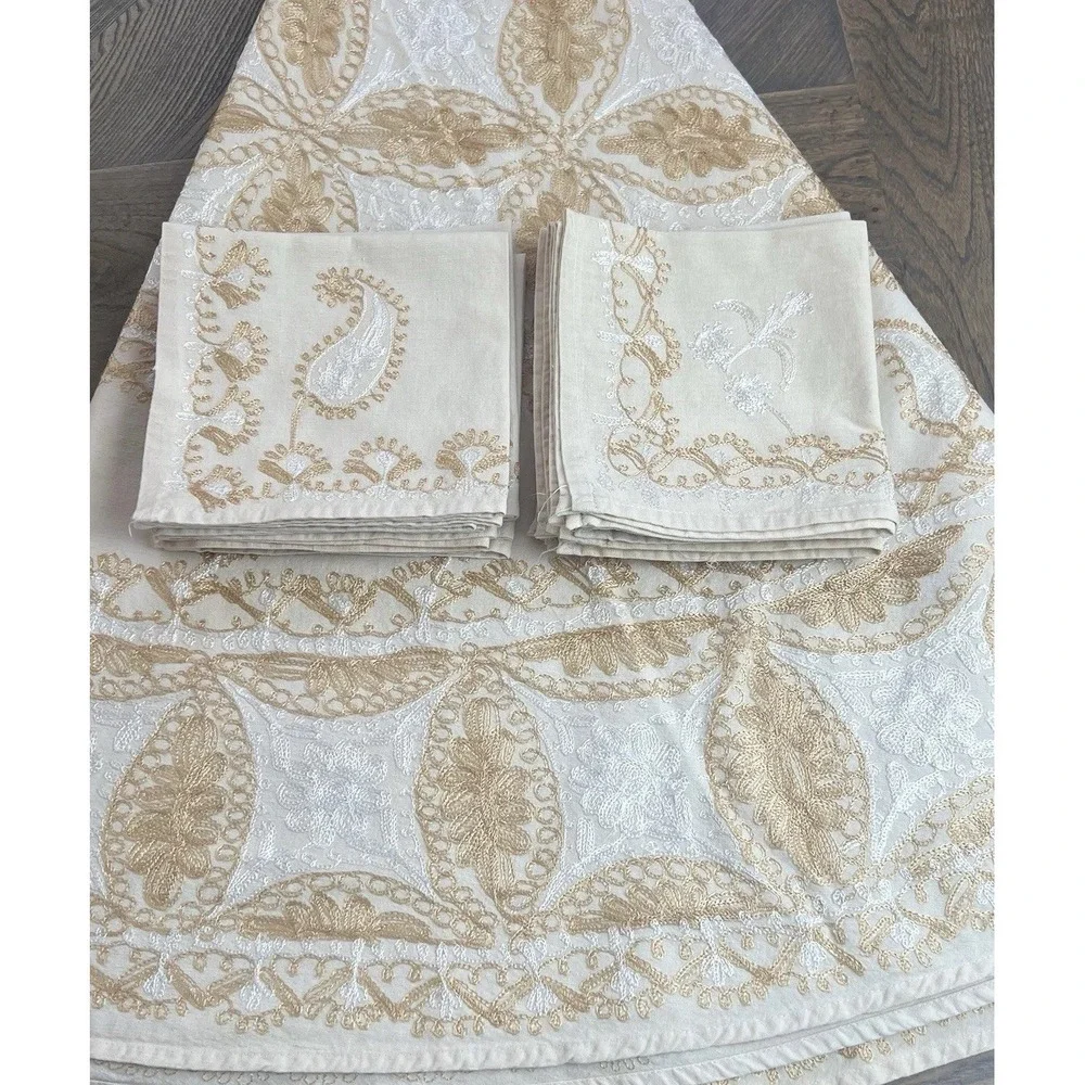 Vintage Aghabani Embroidered Orientalist Cotton Silk Tablecloth + 10 Napkins
